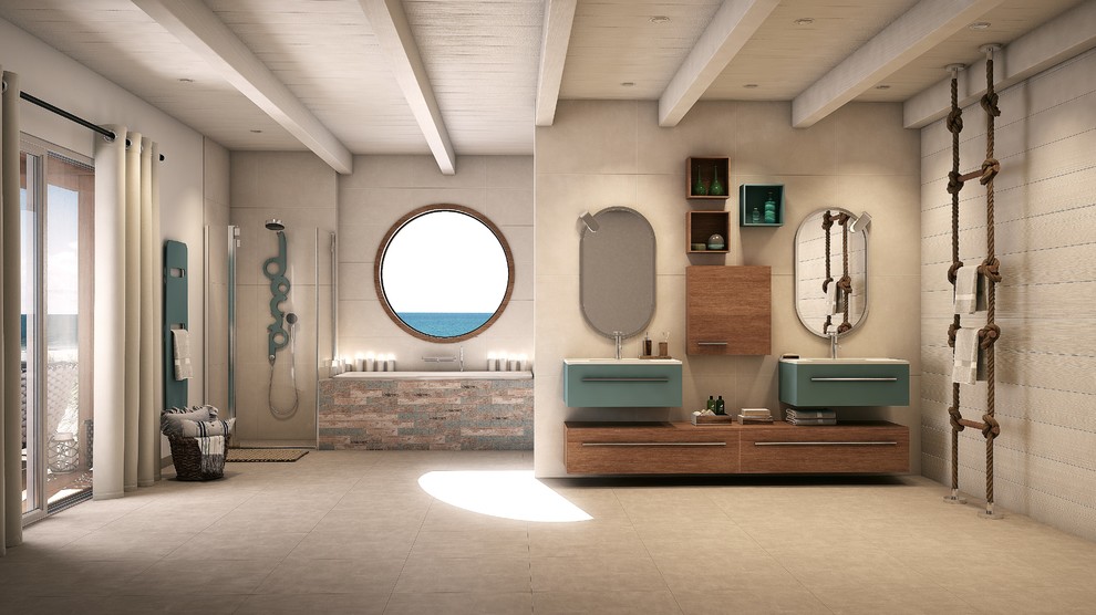 Maritimes Badezimmer mit verzierten Schränken, Badewanne in Nische, offener Dusche und Falttür-Duschabtrennung in Paris