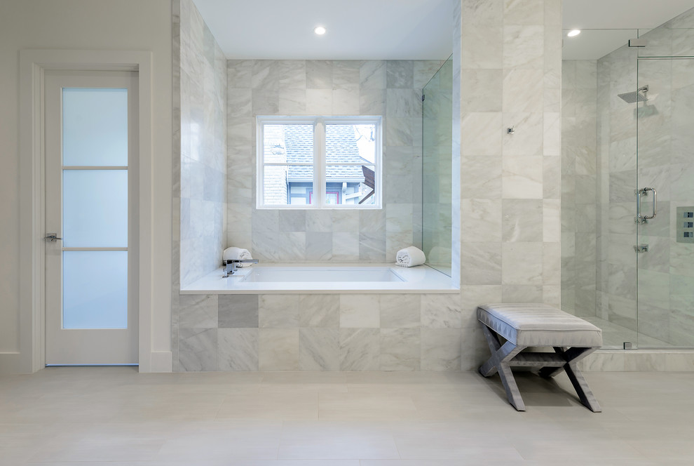 Design ideas for a large contemporary ensuite bathroom in Dallas with flat-panel cabinets, white cabinets, an alcove bath, white tiles, stone tiles, white walls, ceramic flooring, quartz worktops, an alcove shower and a hinged door.