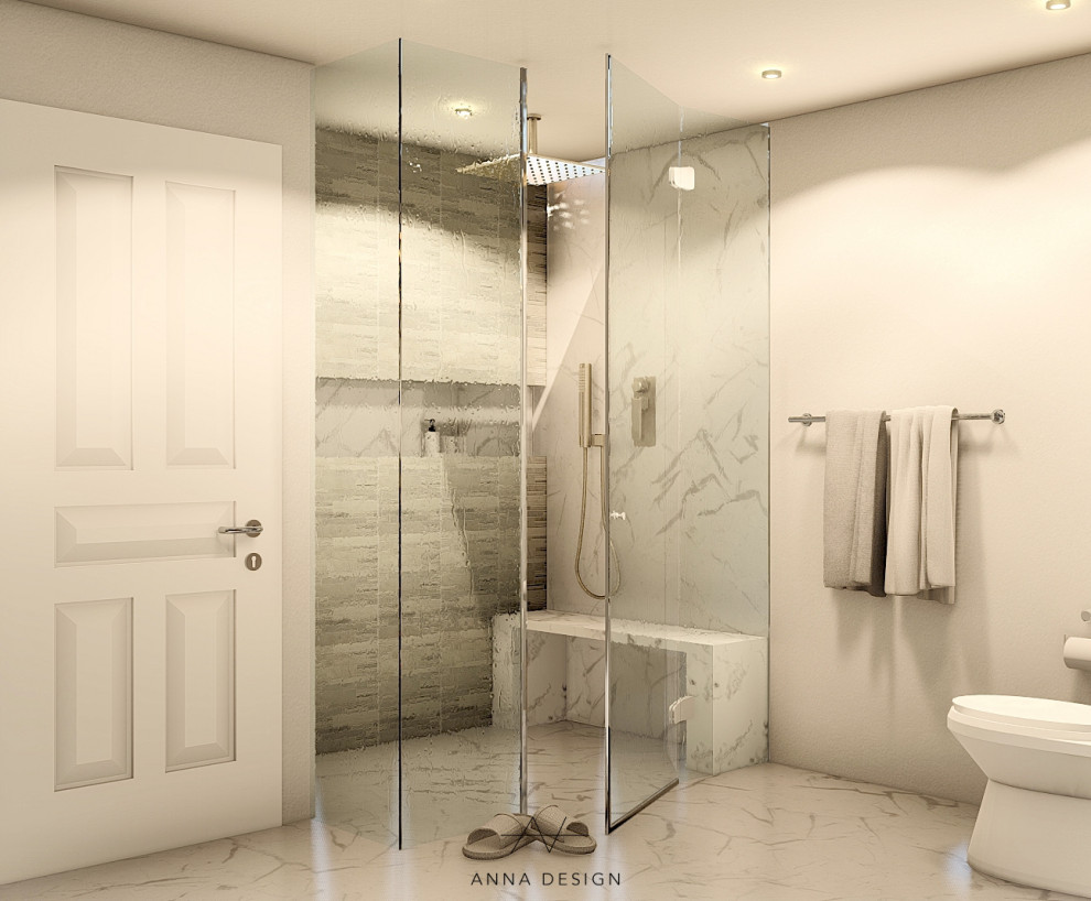 Cette image montre une salle de bain principale design de taille moyenne avec un placard à porte shaker, des portes de placard grises, une douche d'angle, WC suspendus, un carrelage blanc, des carreaux de porcelaine, un mur blanc, un sol en carrelage de céramique, un lavabo encastré, un plan de toilette en quartz modifié, un sol blanc, une cabine de douche à porte battante, un plan de toilette blanc, une niche, meuble double vasque et meuble-lavabo sur pied.