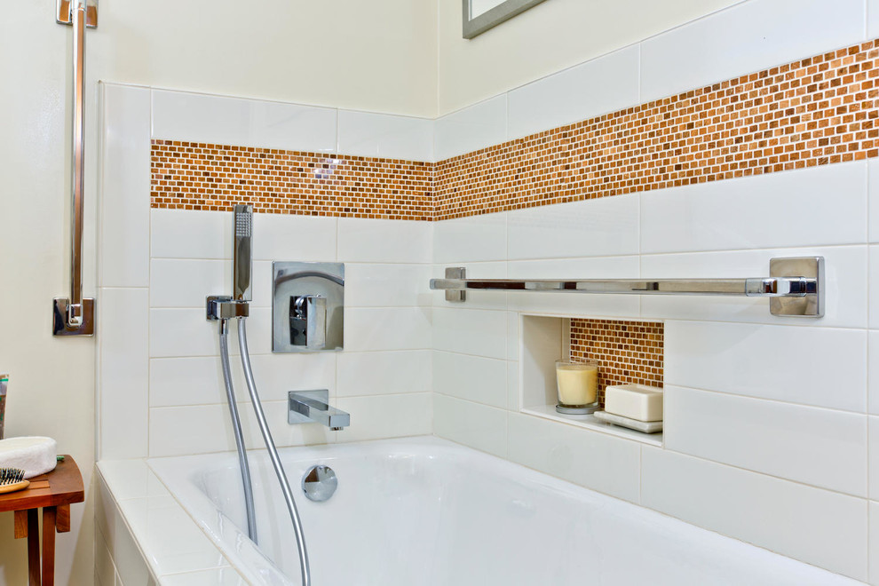 Mid-sized transitional master orange tile and mosaic tile ceramic tile corner bathtub photo in San Diego with shaker cabinets, medium tone wood cabinets, a one-piece toilet, white walls, an undermount sink and quartz countertops