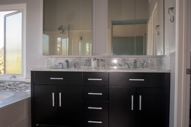 Dark Wood Double Vanity in Master Bathroom Remodel - Transitional ...