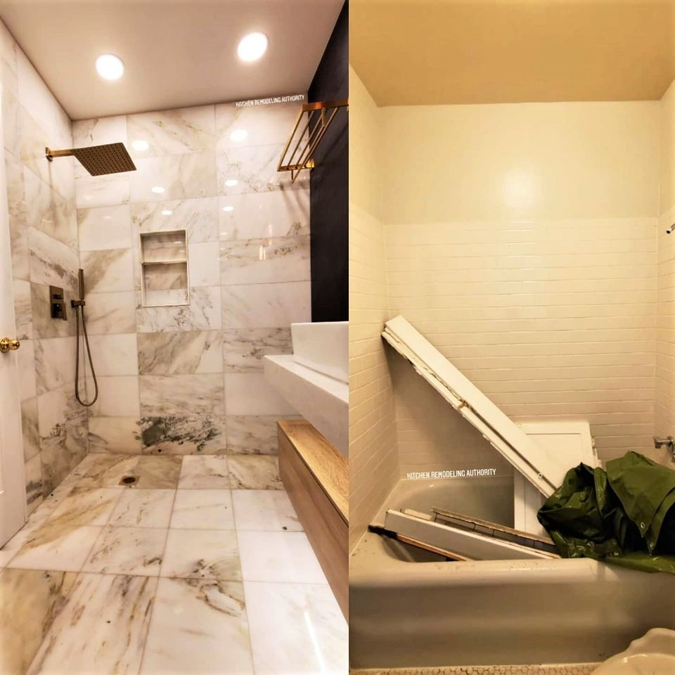 Idéer för att renovera ett litet funkis vit vitt en-suite badrum, med släta luckor, gula skåp, en kantlös dusch, en bidé, vit kakel, marmorkakel, vita väggar, marmorgolv, bänkskiva i kvarts, vitt golv och dusch med skjutdörr