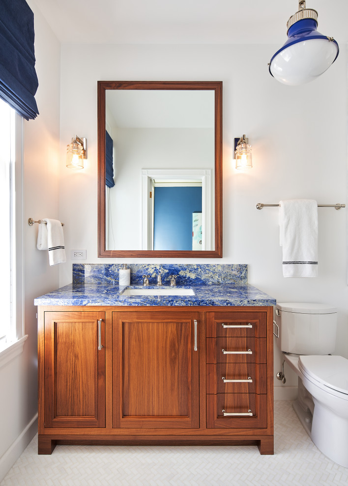 Transitional mosaic tile floor, white floor and single-sink bathroom photo in San Francisco with shaker cabinets, medium tone wood cabinets, white walls, an undermount sink, blue countertops and a freestanding vanity