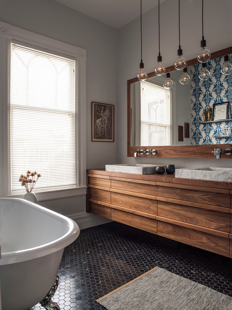 Inspiration for a contemporary mosaic tile floor and black floor claw-foot bathtub remodel in San Francisco