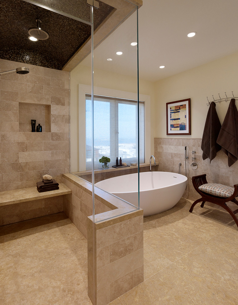 Example of a large classic master beige tile and ceramic tile ceramic tile bathroom design in San Francisco with beige walls