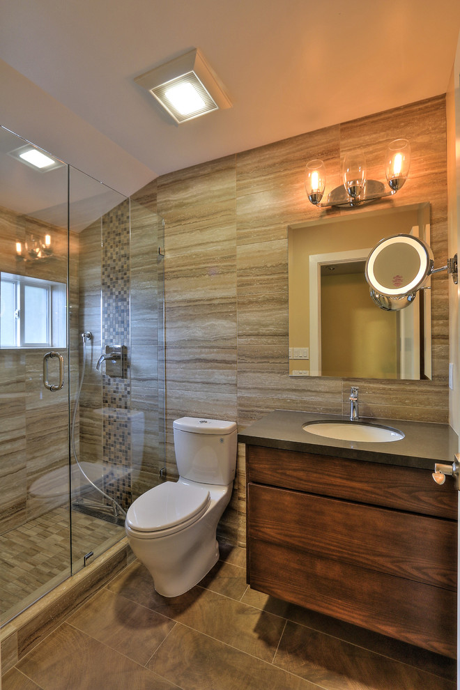 Photo of a small contemporary shower room bathroom in San Francisco with flat-panel cabinets, medium wood cabinets, an alcove shower, brown tiles, porcelain tiles, brown walls, ceramic flooring, a submerged sink and quartz worktops.