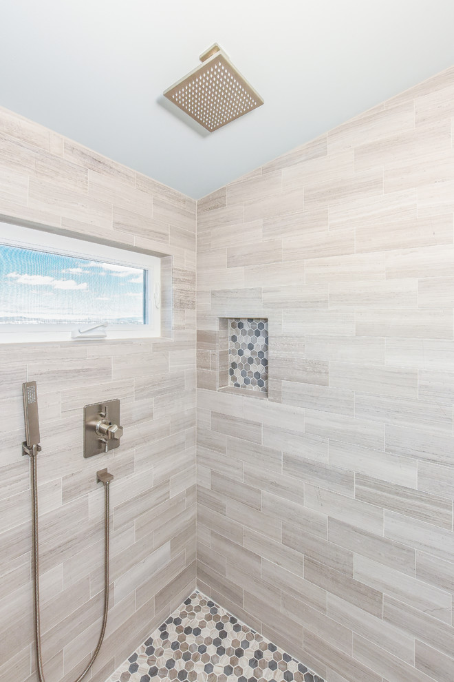 Bathroom - transitional master gray tile and porcelain tile bathroom idea in San Francisco with shaker cabinets, light wood cabinets, white walls, a vessel sink and marble countertops