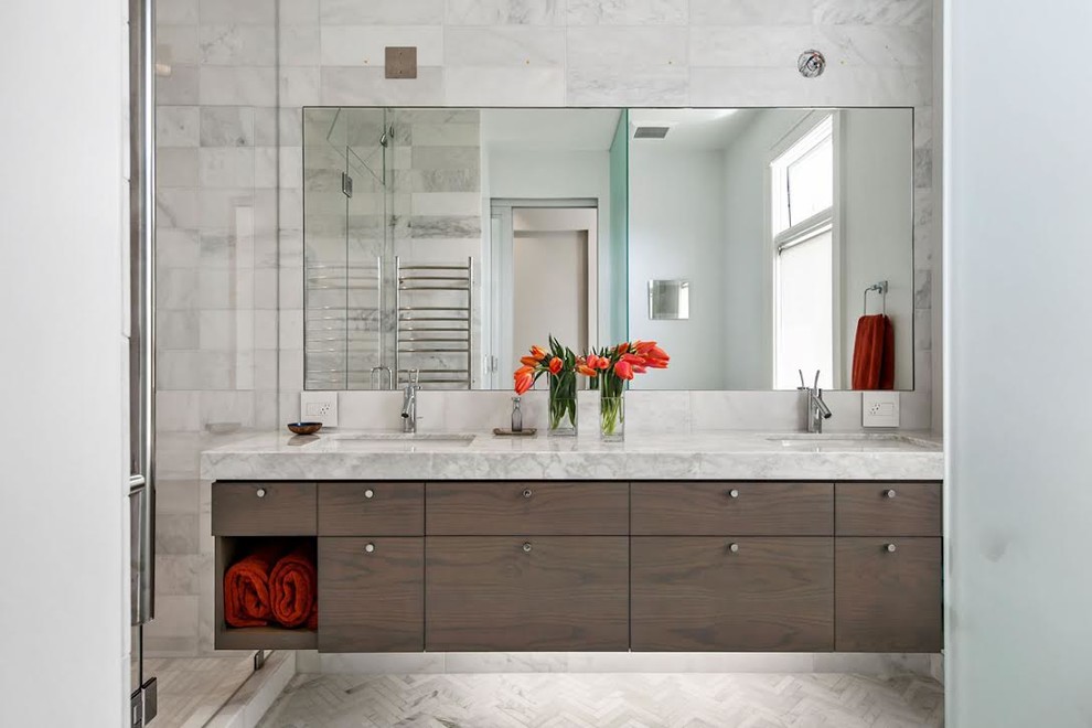 Medium sized contemporary ensuite bathroom in San Francisco with flat-panel cabinets, dark wood cabinets, an alcove shower, grey tiles, white tiles, marble tiles, white walls, marble flooring, a submerged sink, marble worktops, white floors and a hinged door.