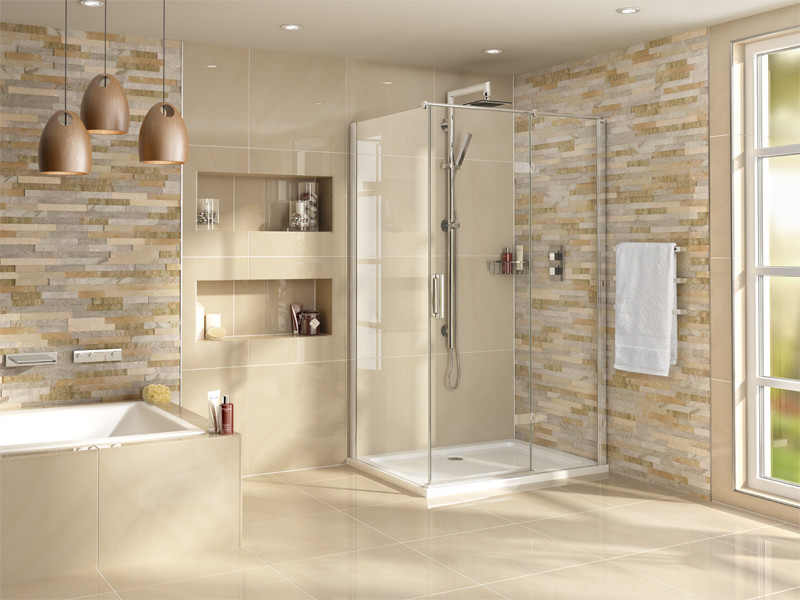 Inspiration för moderna badrum, med ett platsbyggt badkar, en hörndusch och klinkergolv i keramik