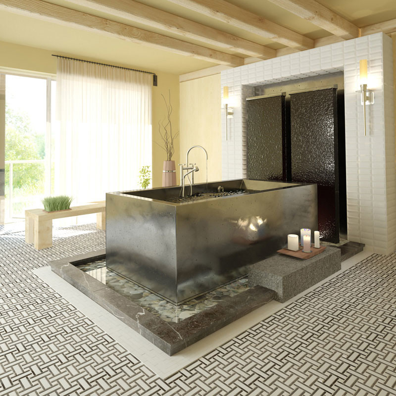 На фото: большая главная ванная комната в восточном стиле с японской ванной, белой плиткой, плиткой кабанчик, желтыми стенами, полом из мозаичной плитки и разноцветным полом