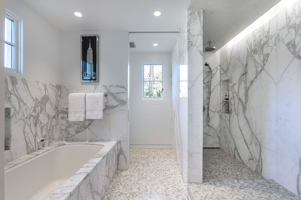 Photo of a contemporary bathroom in Santa Barbara with a walk-in shower, an open shower and marble tiles.