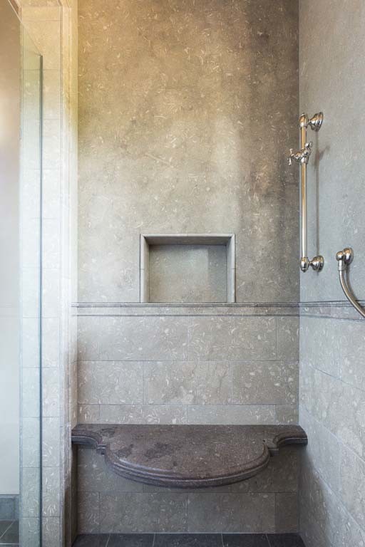 Walk-in shower - huge mediterranean master gray tile walk-in shower idea in San Francisco with an undermount sink, recessed-panel cabinets, medium tone wood cabinets, a one-piece toilet and beige walls