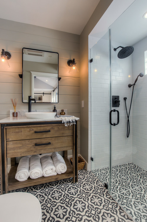 Transform Your Space: A Transitional Gray White Bathroom with Cement Floor Tiles
