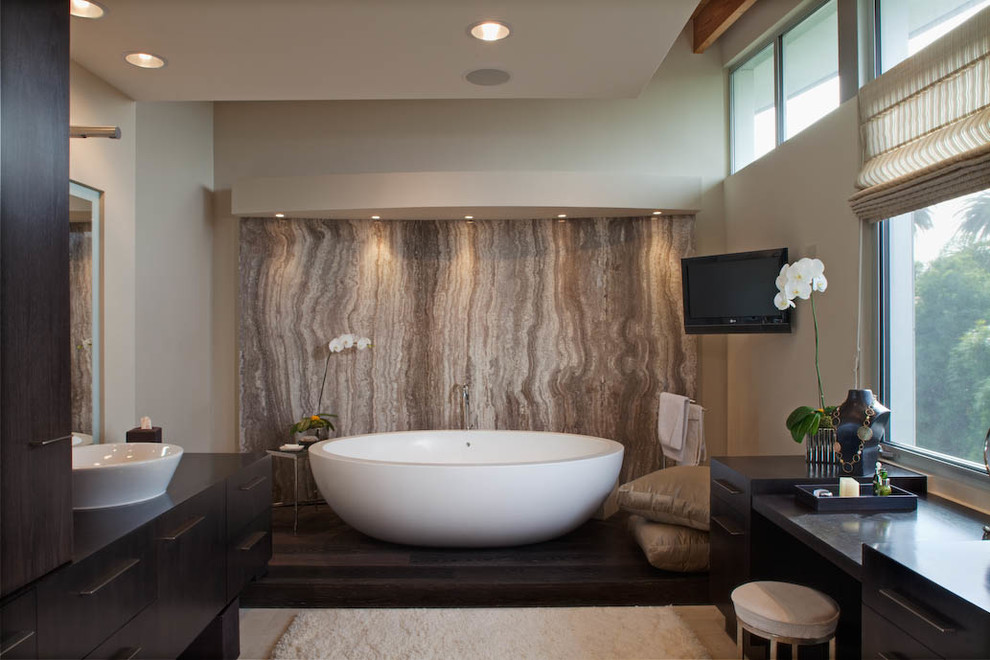 Freestanding bathtub - contemporary marble tile freestanding bathtub idea in Los Angeles