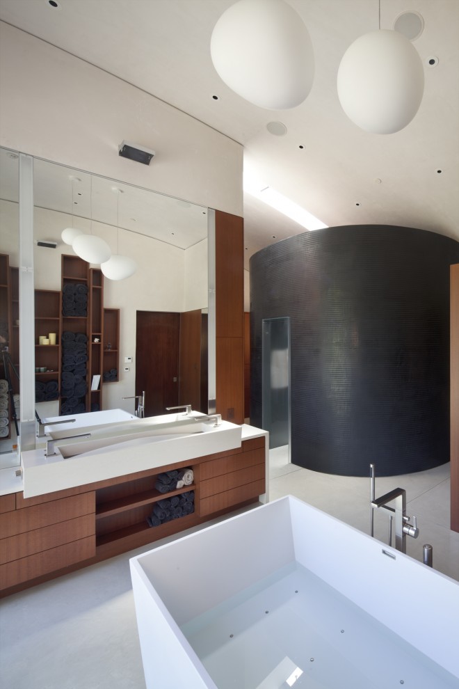 Contemporary bathroom in San Francisco with a freestanding bath.