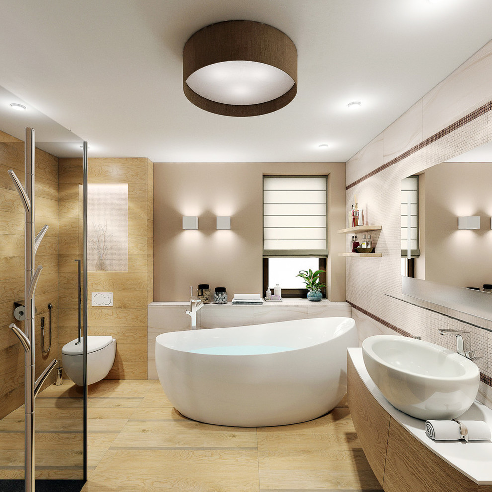 Example of a mid-sized minimalist master bathroom design in New York with a wall-mount toilet, beige walls and a vessel sink