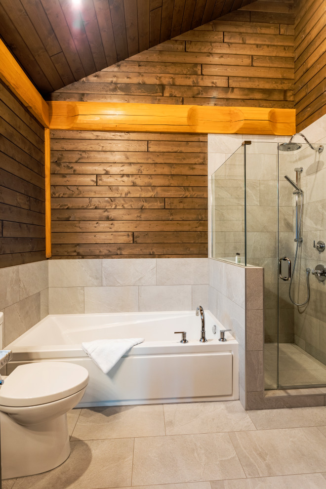 Inspiration for a mid-sized rustic 3/4 gray tile and ceramic tile ceramic tile, gray floor, single-sink, shiplap ceiling and shiplap wall bathroom remodel in Vancouver with shaker cabinets, dark wood cabinets, a two-piece toilet, gray walls, an undermount sink, granite countertops, a hinged shower door, gray countertops and a built-in vanity