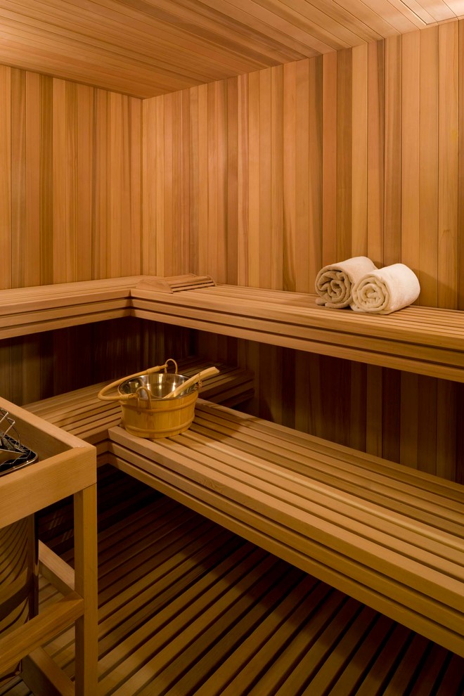Cette image montre un sauna traditionnel.