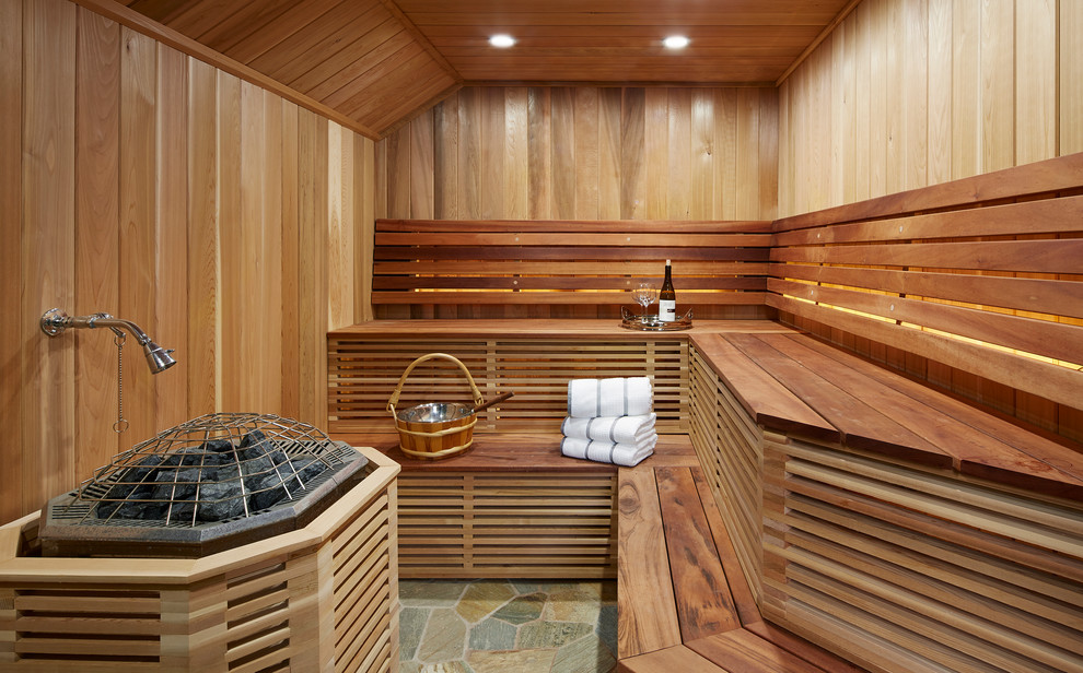 Large classic sauna bathroom in Minneapolis with slate flooring, wooden worktops and multi-coloured floors.