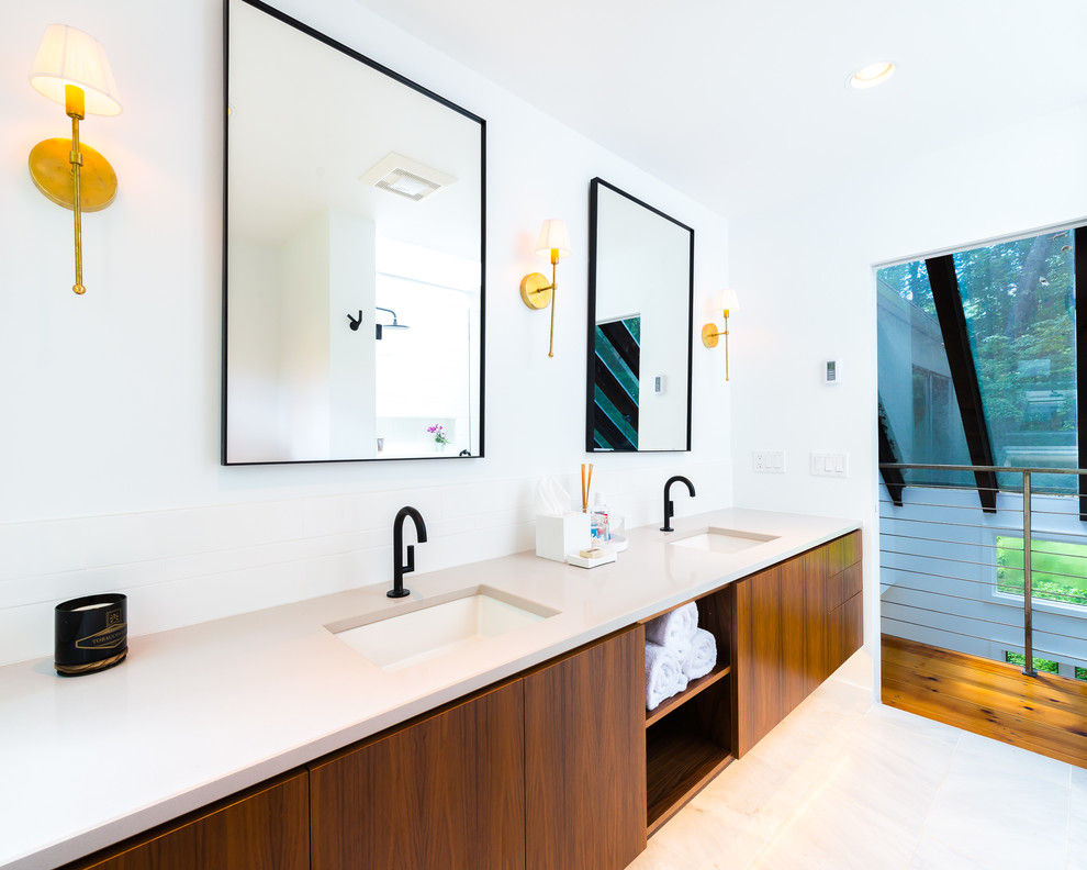 Large contemporary ensuite bathroom in Bridgeport with flat-panel cabinets, dark wood cabinets, white walls, a submerged sink, ceramic flooring, quartz worktops, an alcove shower, a one-piece toilet, white tiles, metro tiles and beige floors.