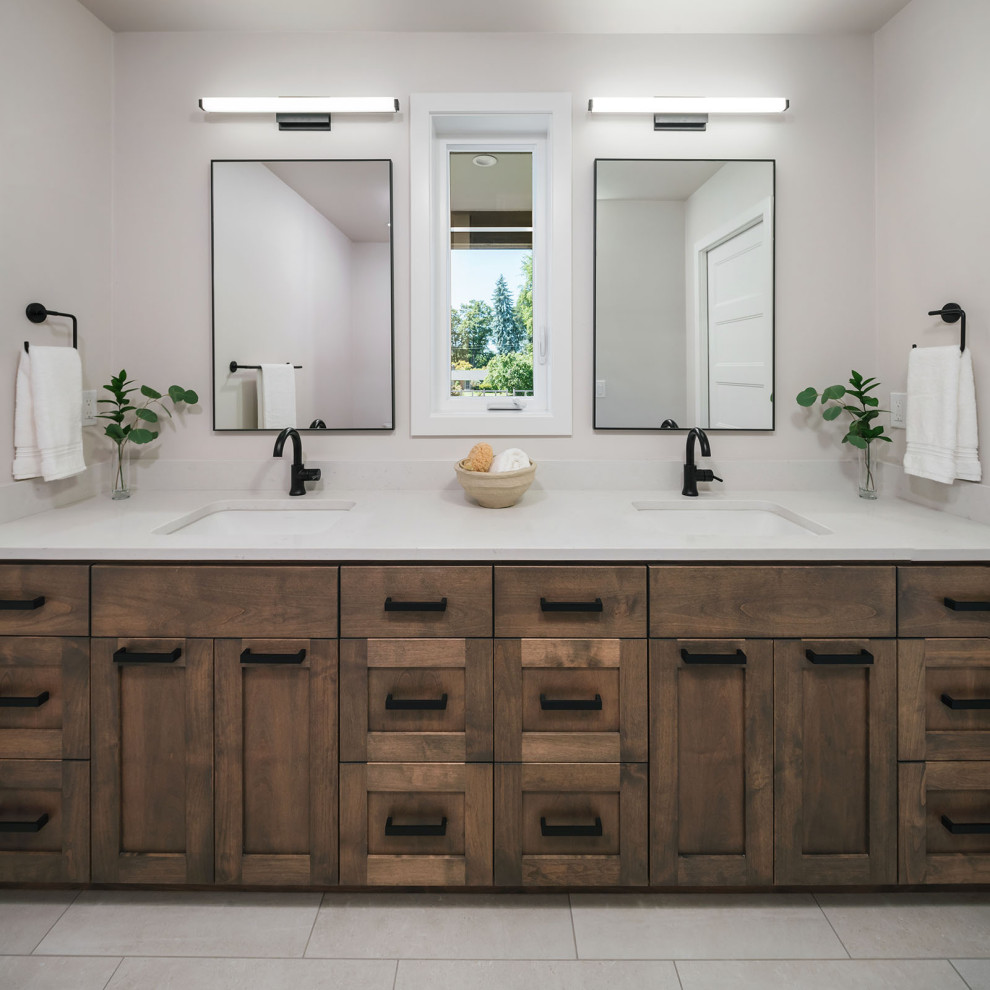 Inspiration for a mid-sized transitional master white tile and ceramic tile ceramic tile, gray floor and double-sink bathroom remodel in Other with shaker cabinets, dark wood cabinets, a one-piece toilet, white walls, an undermount sink, quartzite countertops, white countertops and a built-in vanity