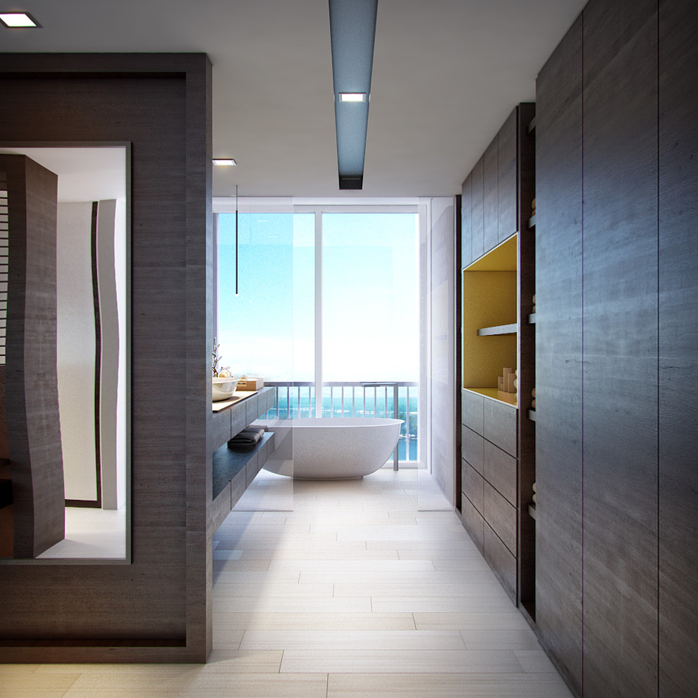 Photo of a medium sized contemporary ensuite bathroom in Miami with flat-panel cabinets, brown cabinets, a freestanding bath, porcelain flooring and beige floors.