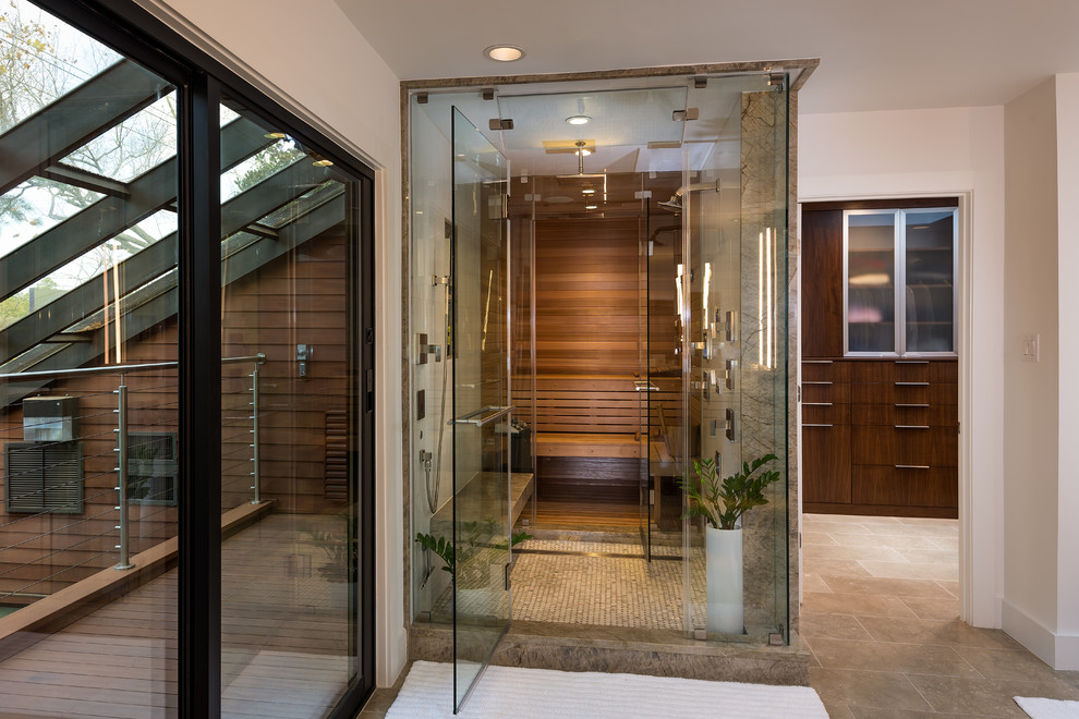 Design ideas for a large contemporary sauna bathroom in Houston with dark wood cabinets, beige tiles, stone slabs, white walls and porcelain flooring.