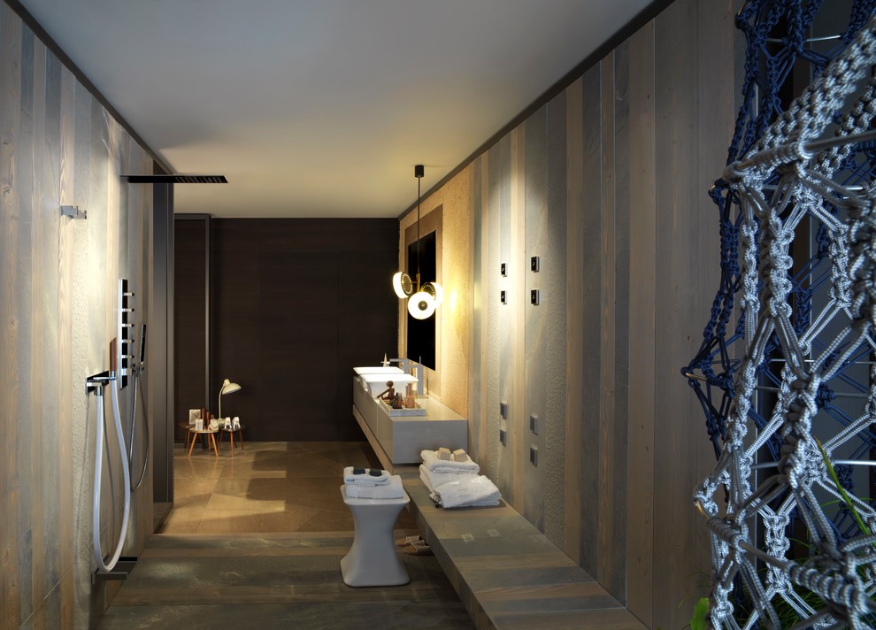 На фото: ванная комната в стиле фьюжн с настольной раковиной, открытыми фасадами, серыми фасадами и открытым душем