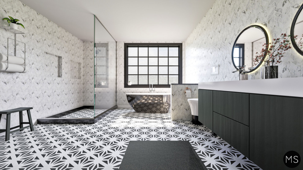 Inspiration for a mid-sized scandinavian 3/4 white tile and ceramic tile ceramic tile, black floor and double-sink bathroom remodel in New York with flat-panel cabinets, black cabinets, a wall-mount toilet, white walls, a drop-in sink, marble countertops, black countertops and a floating vanity