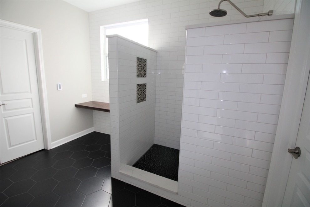 Inspiration for a medium sized scandinavian ensuite bathroom in Nashville with shaker cabinets, grey cabinets, a walk-in shower, a one-piece toilet, white tiles, metro tiles, an open shower, white worktops, grey walls, dark hardwood flooring, a submerged sink, quartz worktops and brown floors.