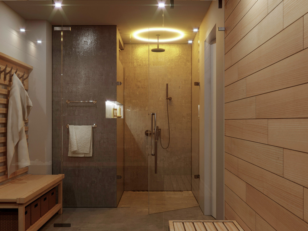 Источник вдохновения для домашнего уюта: баня и сауна среднего размера в скандинавском стиле с светлыми деревянными фасадами, душем без бортиков, серой плиткой, керамической плиткой, серыми стенами, бетонным полом и столешницей из бетона