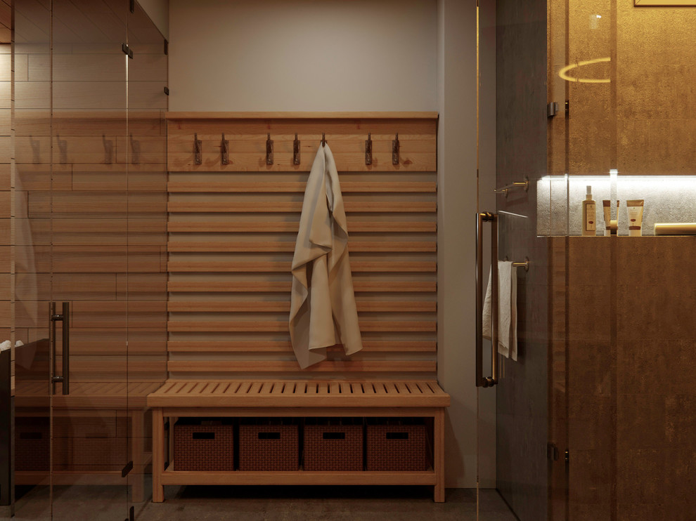 Foto di una sauna nordica di medie dimensioni con ante in legno chiaro, doccia a filo pavimento, piastrelle grigie, piastrelle in ceramica, pareti grigie, pavimento in cemento e top in cemento