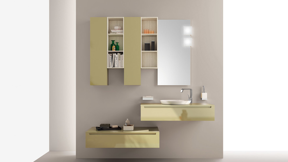 Ispirazione per una piccola stanza da bagno moderna con lavabo da incasso, ante lisce, top in quarzo composito, pareti beige e ante verdi