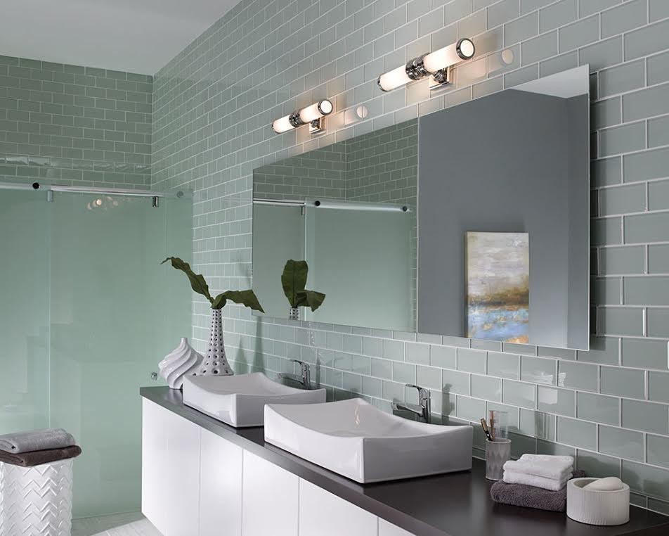 Inspiration for a mid-sized modern 3/4 gray tile and glass tile bathroom remodel in Toronto with flat-panel cabinets, white cabinets, gray walls, a vessel sink and solid surface countertops