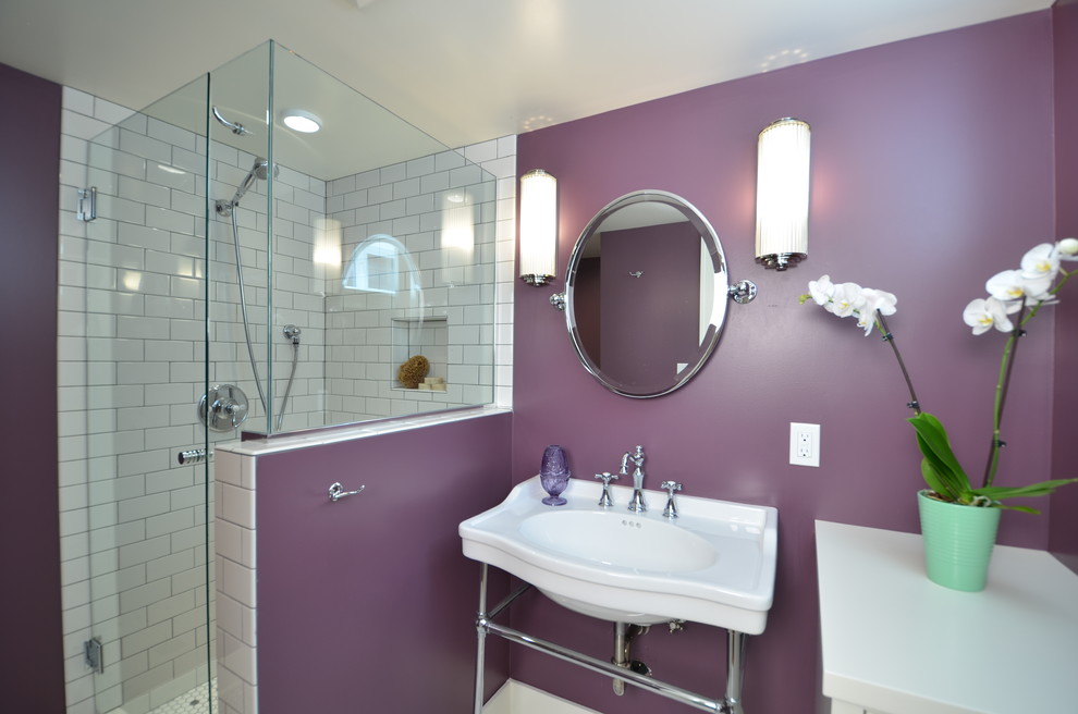 Example of a small white tile and subway tile ceramic tile alcove shower design in Portland with shaker cabinets, white cabinets, purple walls, a console sink and quartz countertops