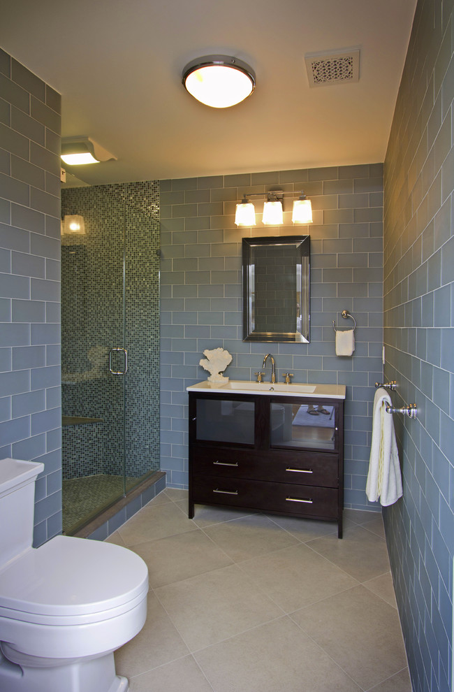 Design ideas for a contemporary bathroom in Boston with mosaic tiles.