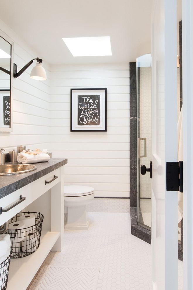 This is an example of a medium sized nautical shower room bathroom in Orange County with open cabinets, white cabinets, white tiles, white walls, mosaic tile flooring, a built-in sink, engineered stone worktops and white floors.