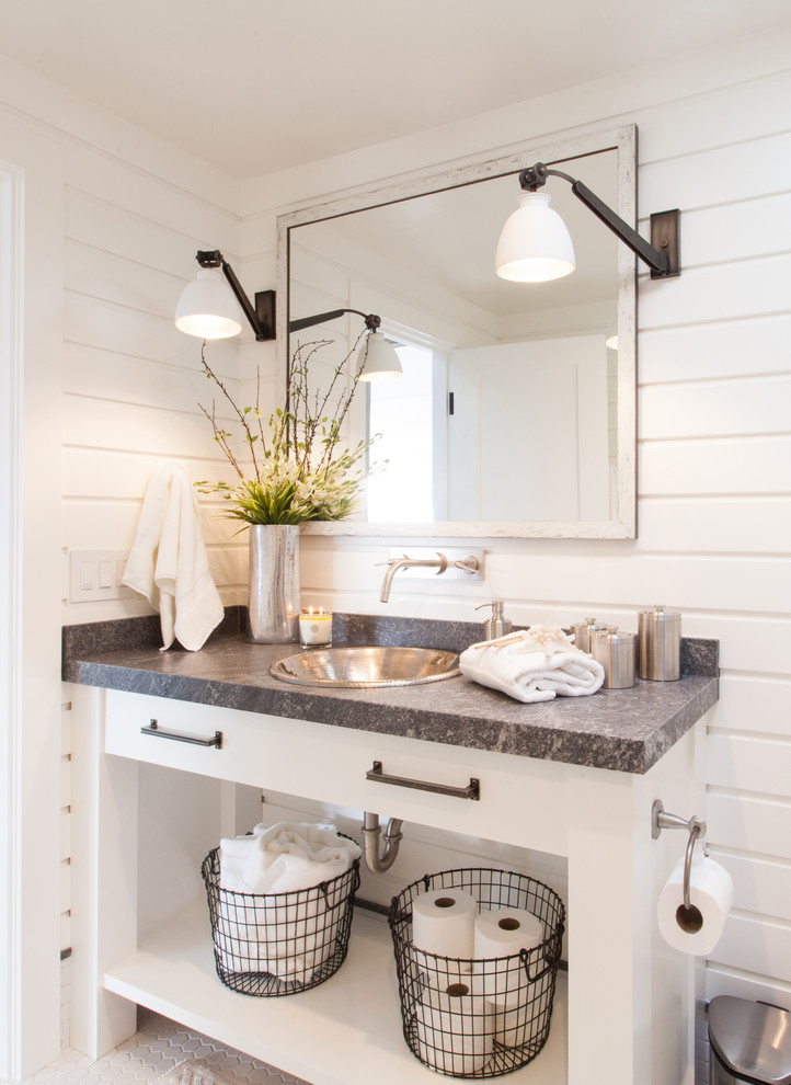 Example of a mid-sized beach style 3/4 white tile mosaic tile floor and white floor bathroom design in Orange County with a drop-in sink, open cabinets, white cabinets, white walls, quartz countertops and gray countertops