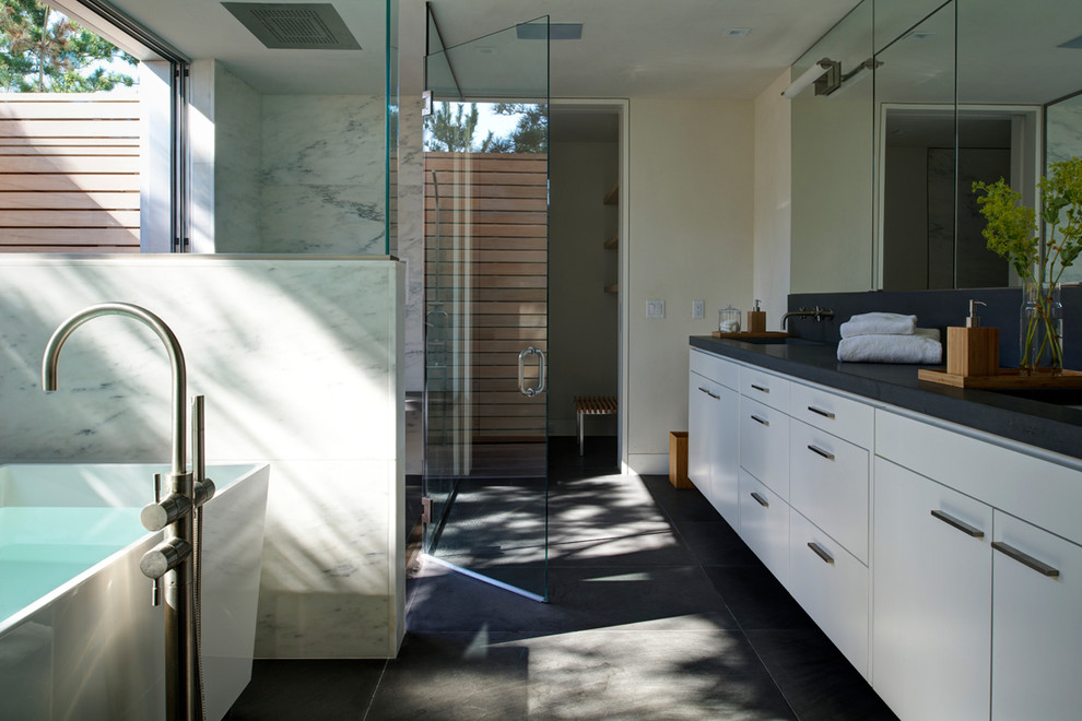 Inspiration for a modern bathroom in New York with a freestanding bath.