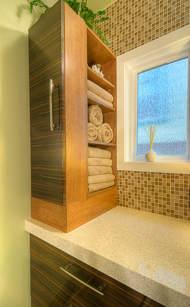 This is an example of a large contemporary ensuite bathroom in Seattle with open cabinets, brown cabinets, a corner shower, brown tiles, ceramic tiles, brown walls, a built-in sink and engineered stone worktops.