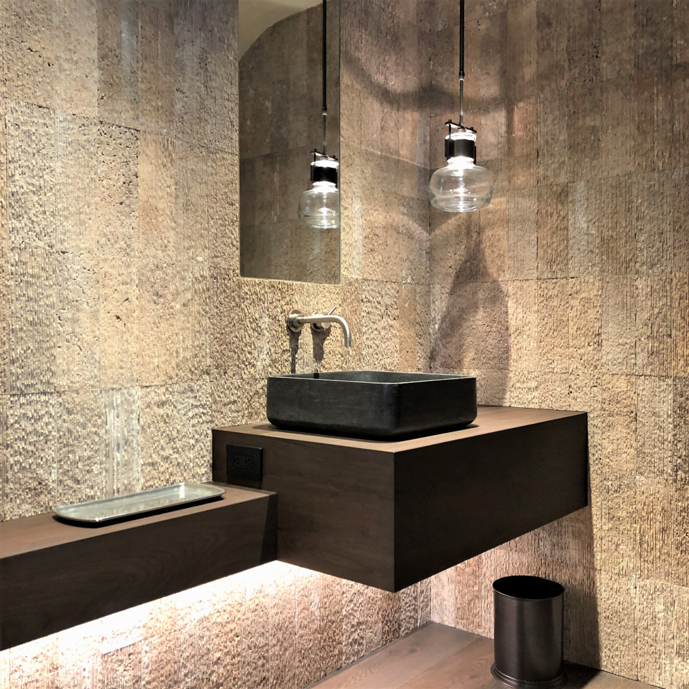 Bathroom - small contemporary 3/4 beige tile medium tone wood floor, brown floor and single-sink bathroom idea in Other with flat-panel cabinets, dark wood cabinets, beige walls, a vessel sink, wood countertops, brown countertops and a floating vanity