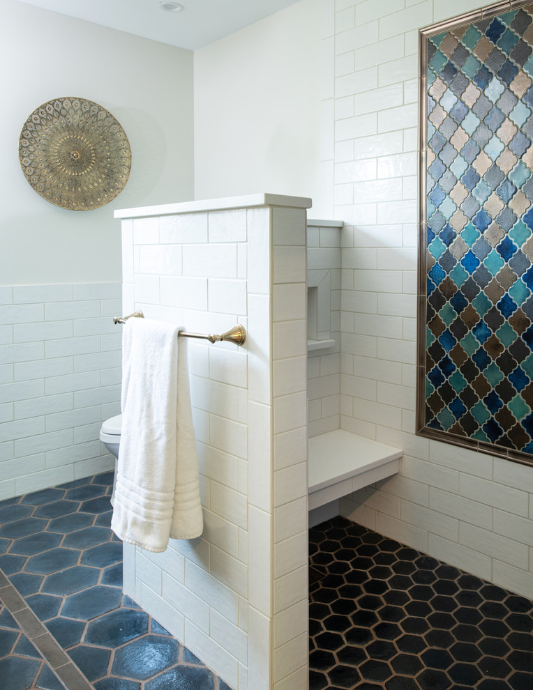 Eclectic master white tile and ceramic tile ceramic tile and blue floor bathroom photo in Kansas City with white walls