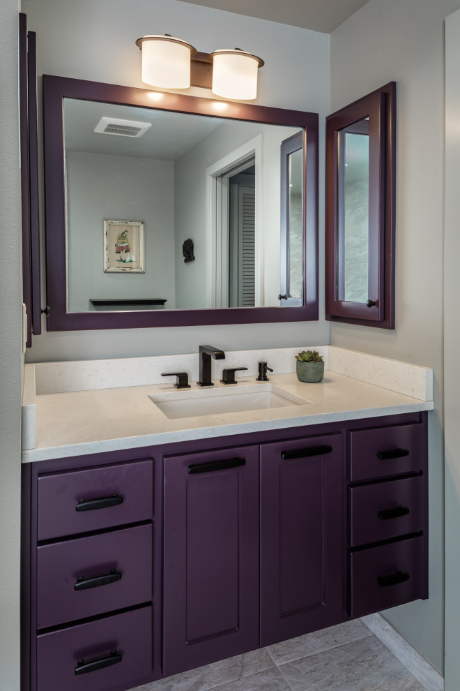 Diseño de cuarto de baño principal, único y a medida de estilo americano pequeño con armarios con rebordes decorativos, puertas de armario violetas, ducha abierta, baldosas y/o azulejos grises, paredes grises, encimera de cuarcita y ducha abierta