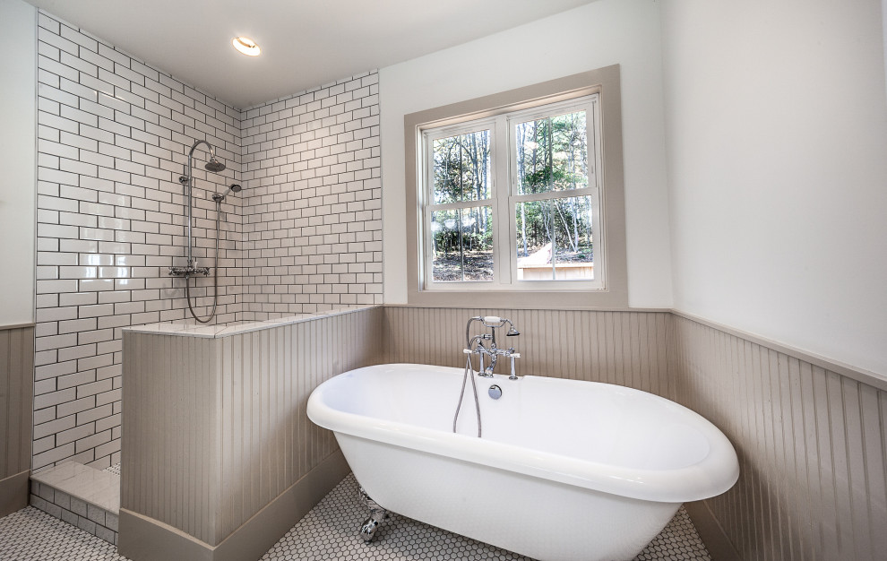 Example of a large country master white tile and subway tile porcelain tile and white floor bathroom design in Other with shaker cabinets, black cabinets, gray walls, an undermount sink, granite countertops and gray countertops