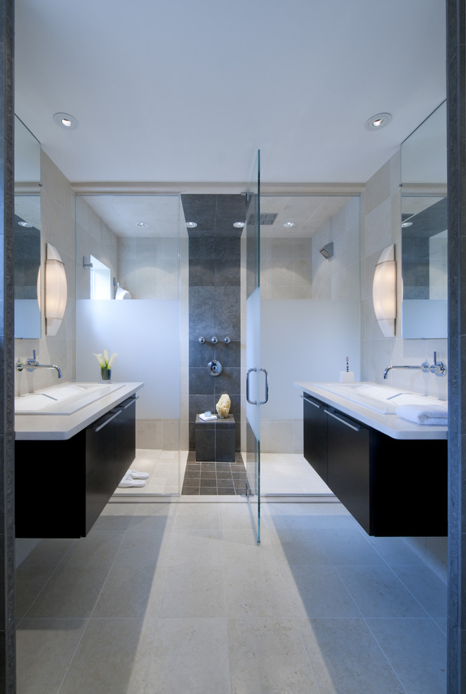 Idéer för ett modernt badrum, med ett nedsänkt handfat
