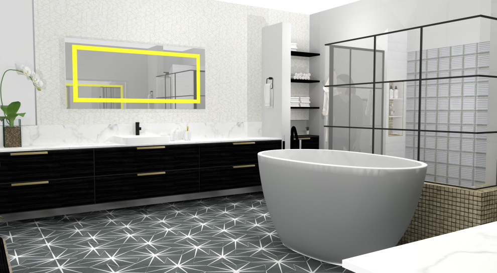Inspiration for a mid-sized 1950s master porcelain tile, black floor, single-sink, vaulted ceiling and wallpaper bathroom remodel in San Diego with flat-panel cabinets, gray cabinets, a bidet, gray walls, a vessel sink, marble countertops, a hinged shower door, white countertops and a floating vanity