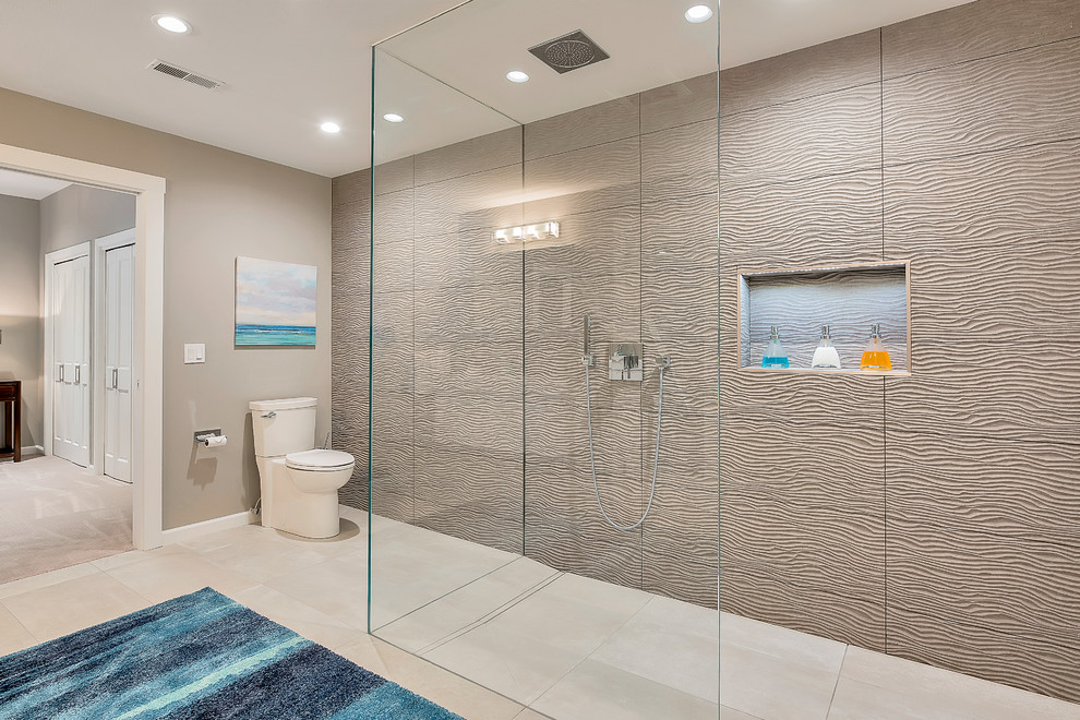 Medium sized contemporary bathroom in Seattle with flat-panel cabinets, white cabinets, a walk-in shower, a one-piece toilet, grey tiles, porcelain tiles, grey walls, porcelain flooring, an integrated sink, white floors, an open shower and white worktops.