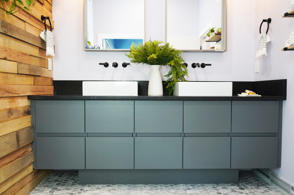 Bathroom - mid-sized contemporary master white tile and porcelain tile mosaic tile floor, white floor and double-sink bathroom idea in Atlanta with flat-panel cabinets, gray cabinets, a one-piece toilet, purple walls, a vessel sink, granite countertops, black countertops and a floating vanity