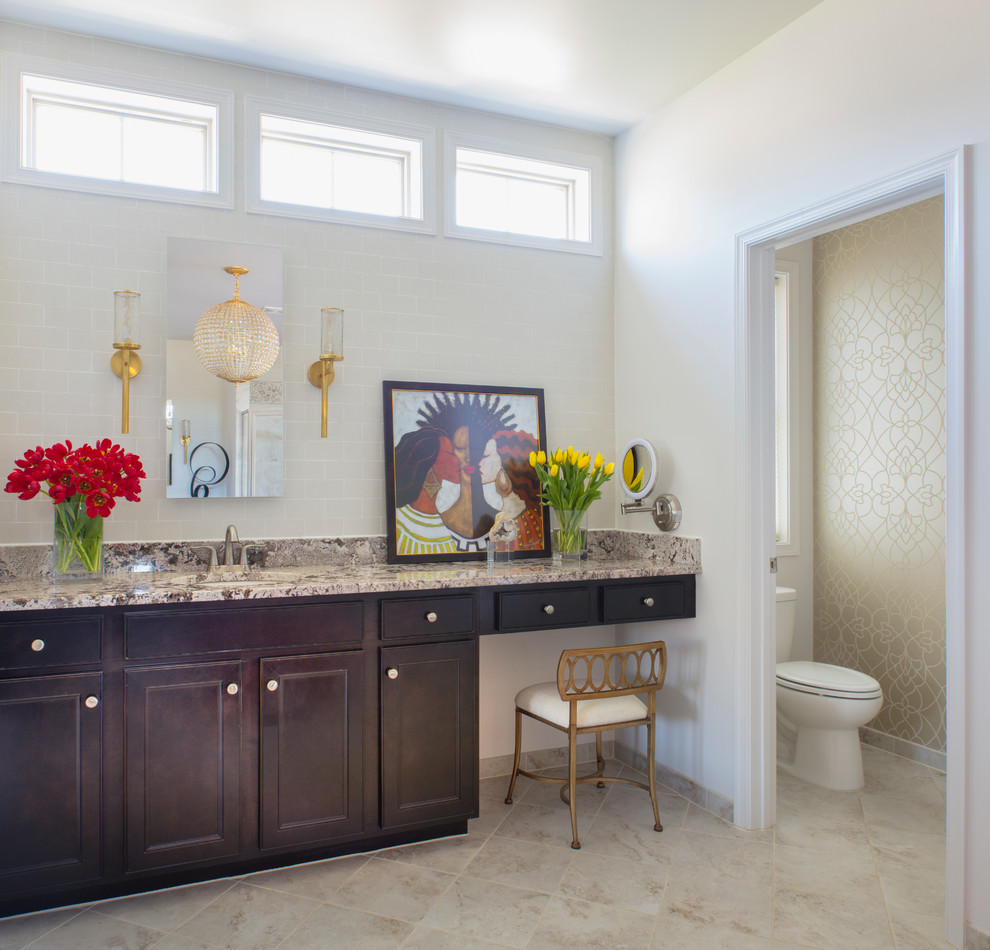 Inspiration for a medium sized traditional bathroom in DC Metro with recessed-panel cabinets, dark wood cabinets, a hot tub, a corner shower, a two-piece toilet, white tiles, ceramic tiles, white walls, porcelain flooring, a submerged sink, granite worktops, beige floors and a hinged door.