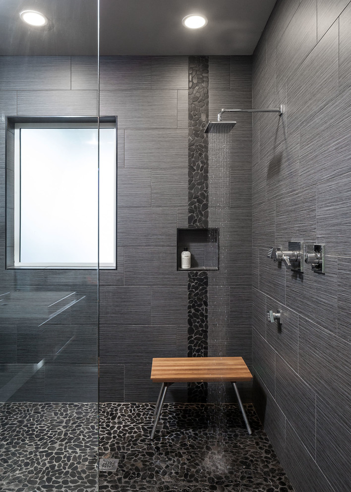 Example of a large trendy master gray tile and porcelain tile pebble tile floor bathroom design in Other with gray walls